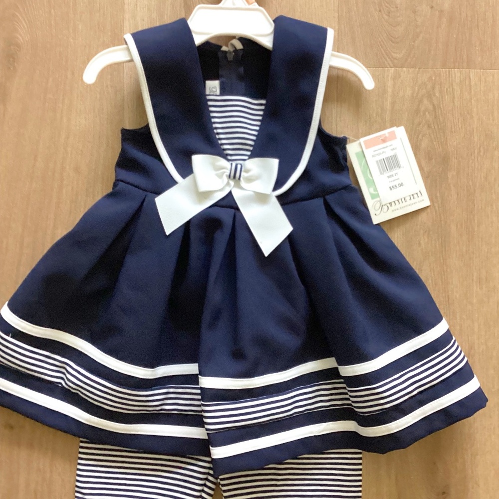 NWT BONNIE JEAN GIRLS SAILOR COLLAR BOW DRESS W SHORTS NAVY/ WHITE Sz 2
